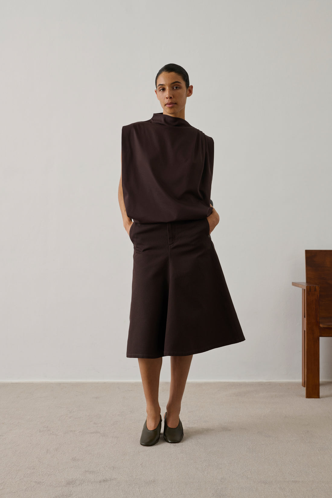 Jupe Marron Foncé One Step Taille 42 - Coton, Style Plissé, Occasion En Très Bon état
