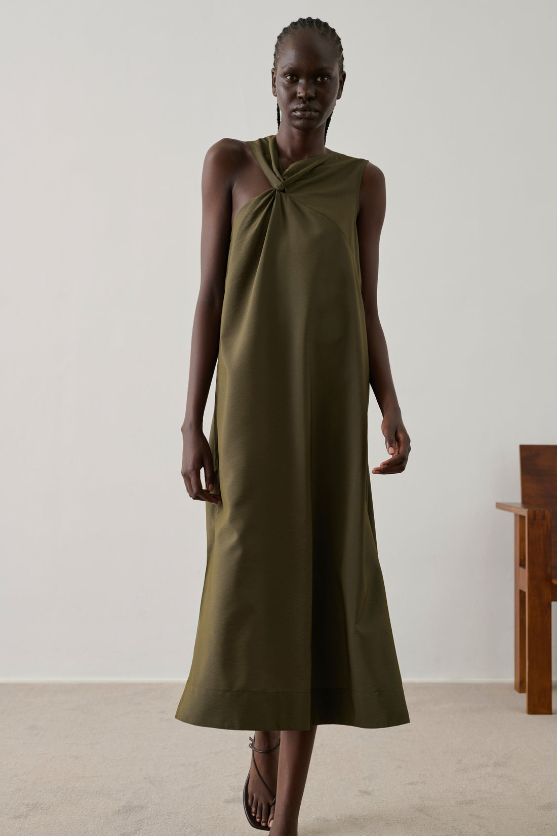 Emna Dress - Khaki Fluid Viscose Asymmetric