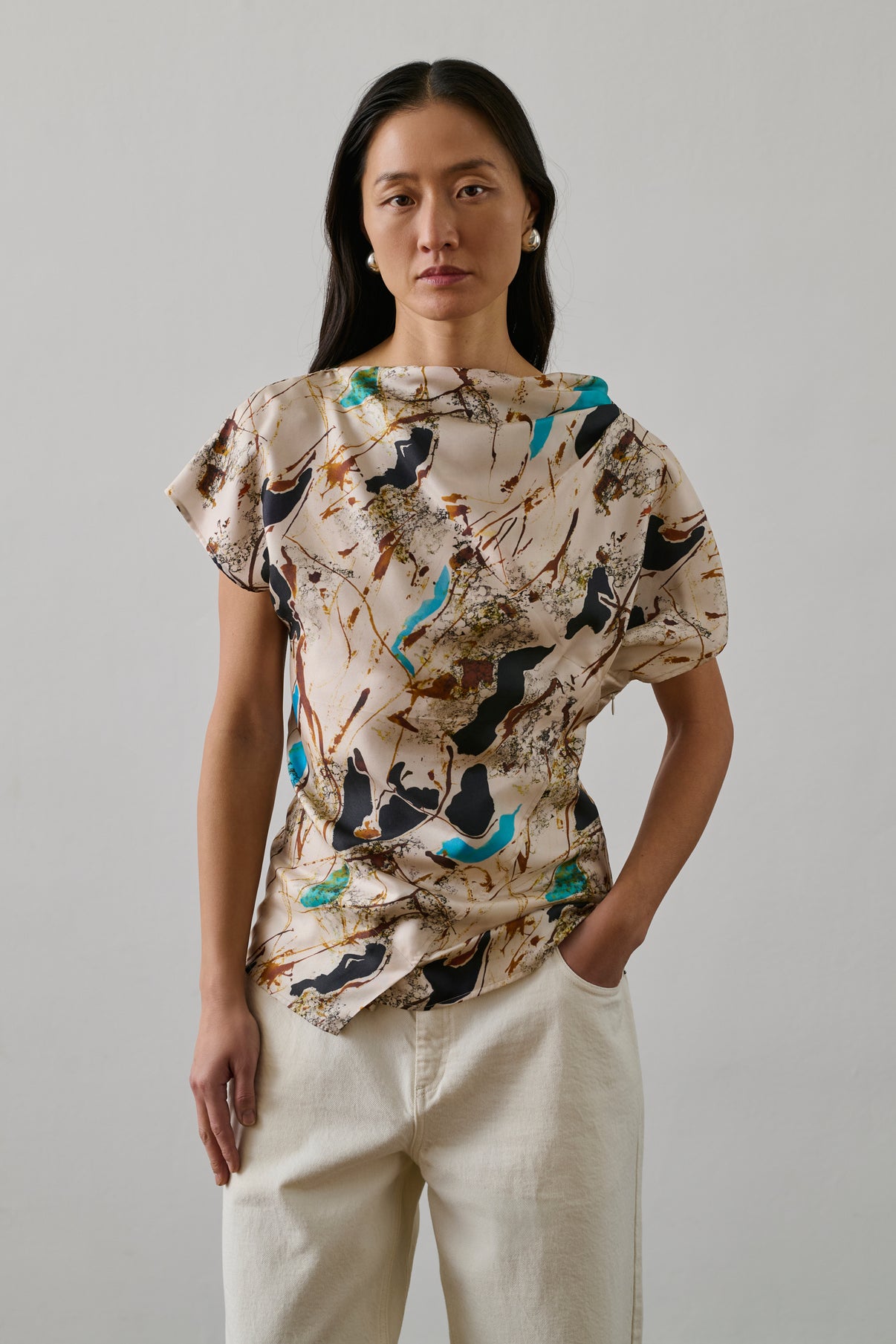 Blouse Fedora Beige/Turquoise Soie Femme - Main Image