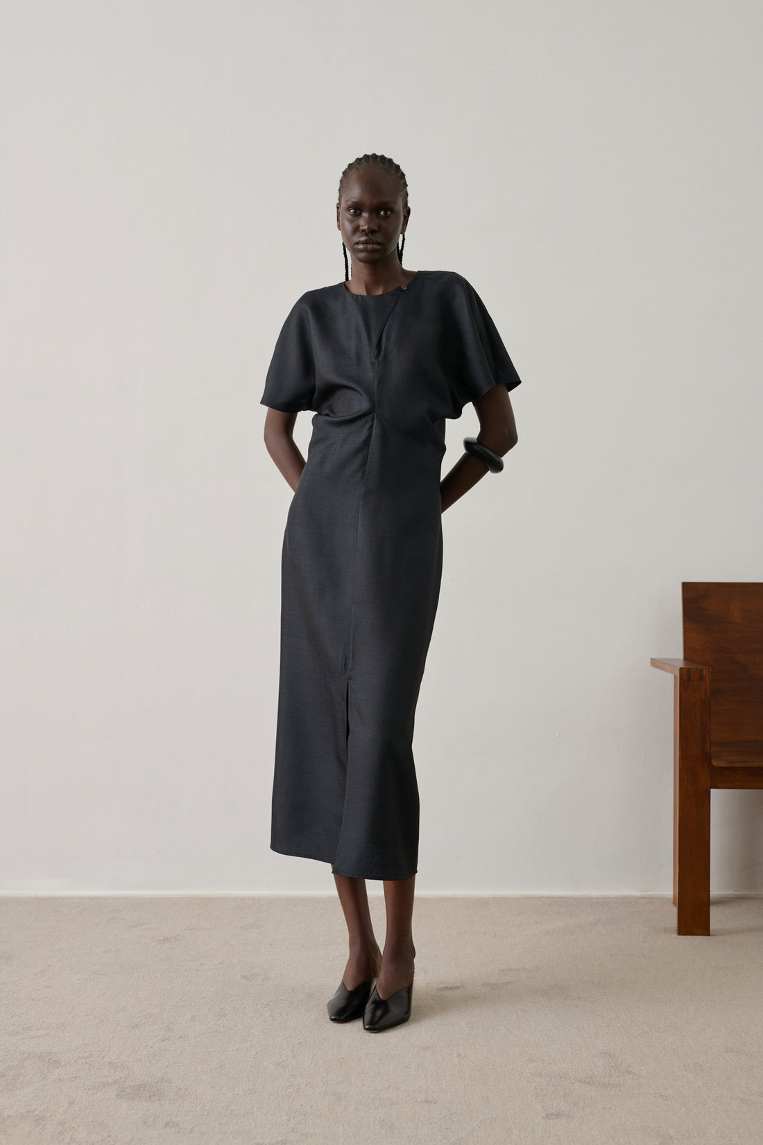 black calf length dress Ella - Silk Fitted Mid-Calf Category: Long Sleeve Branded stretch lace calf Thursday Boot Company Men's Color:black-gold