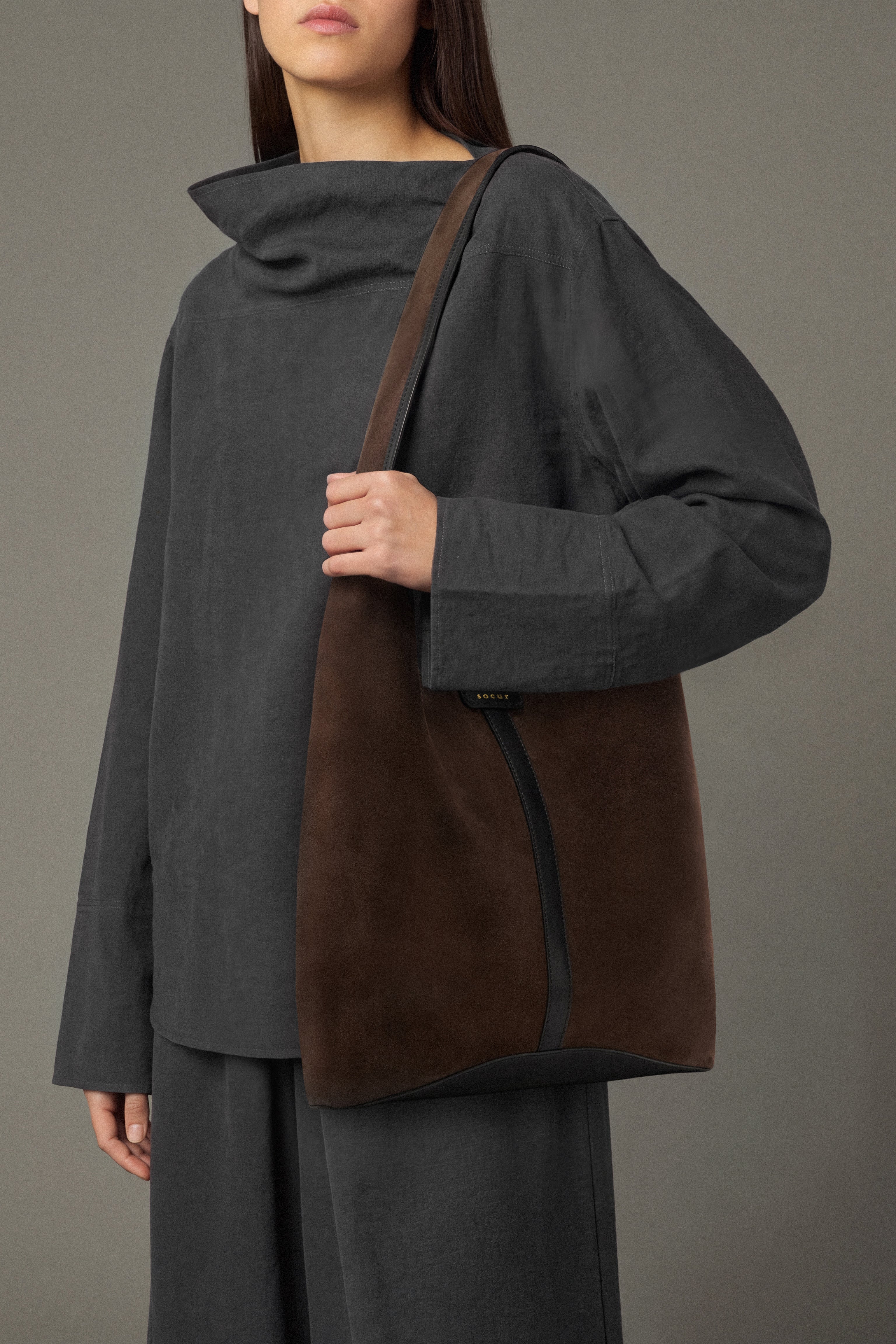 Tote Bag DELICE Dark Brown Split Leather